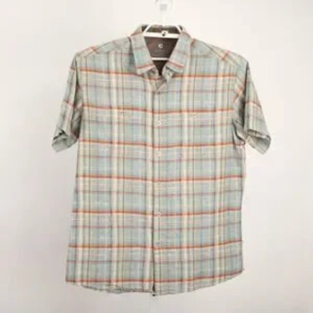 Kuhl Skorpio Shirt Men Large Blue Orange PlaidLinen Blend Breathable Pockets